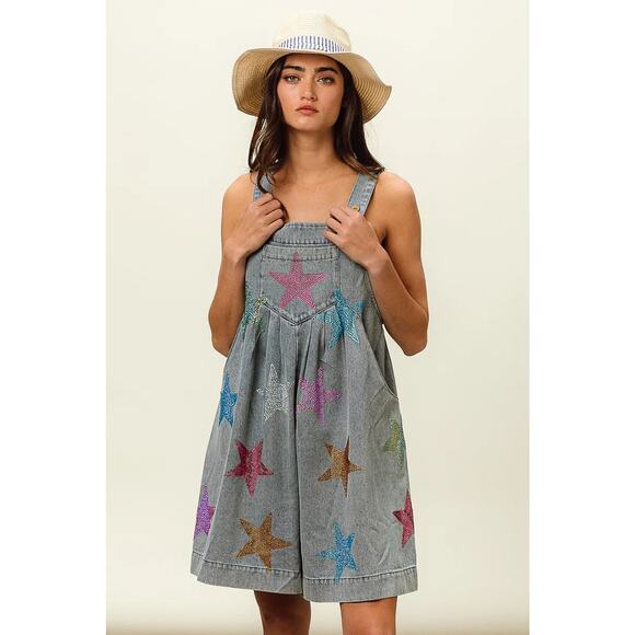 BiBi Star Pattern Rhinestone Washed Side Pockets Wide Leg Shortalls | Lt Denim - Picture 9 of 12